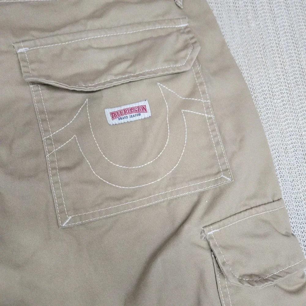 True Religion Cargo Pants Mens 32x32 Beige Canvas Logo Pockets Casual Workwear